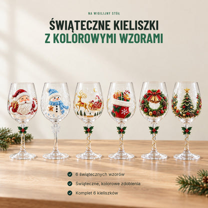 Świąteczne kieliszki do wina — komplet 6 szt. z kolorowymi motywami