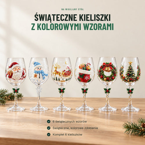 Świąteczne kieliszki do wina — komplet 6 szt. z kolorowymi motywami