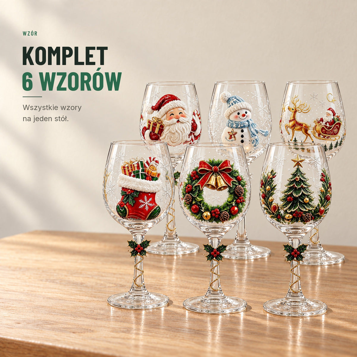 Świąteczne kieliszki do wina — komplet 6 szt. z kolorowymi motywami