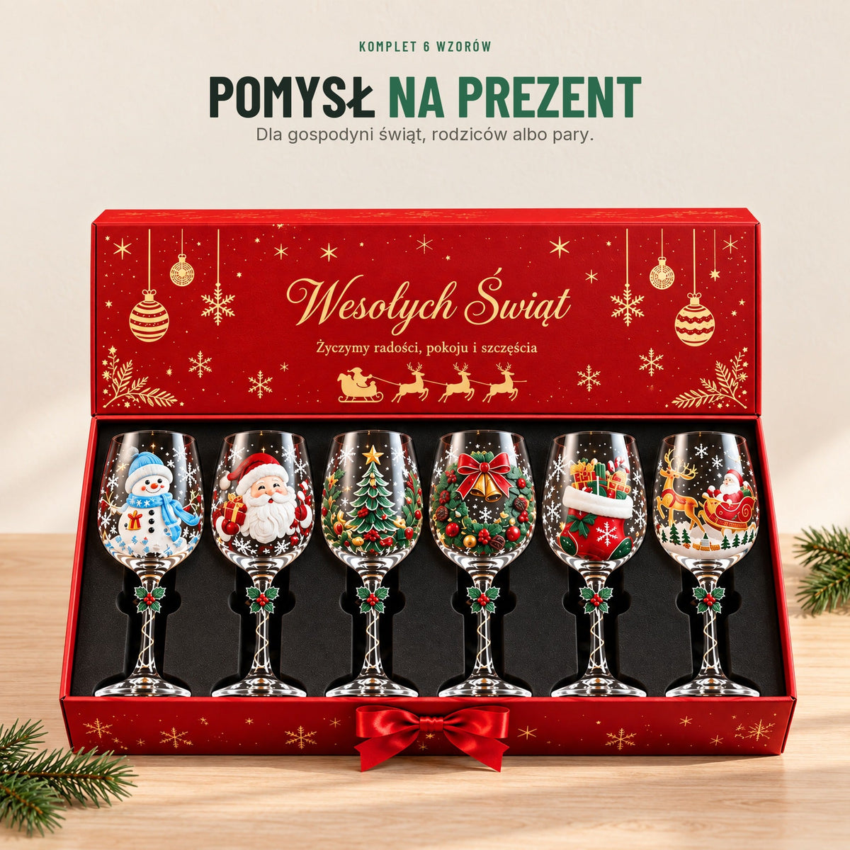 Świąteczne kieliszki do wina — komplet 6 szt. z kolorowymi motywami