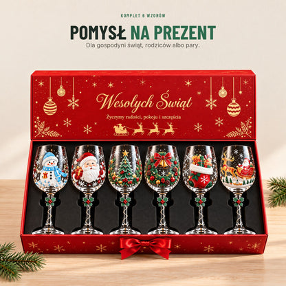 Świąteczne kieliszki do wina — komplet 6 szt. z kolorowymi motywami