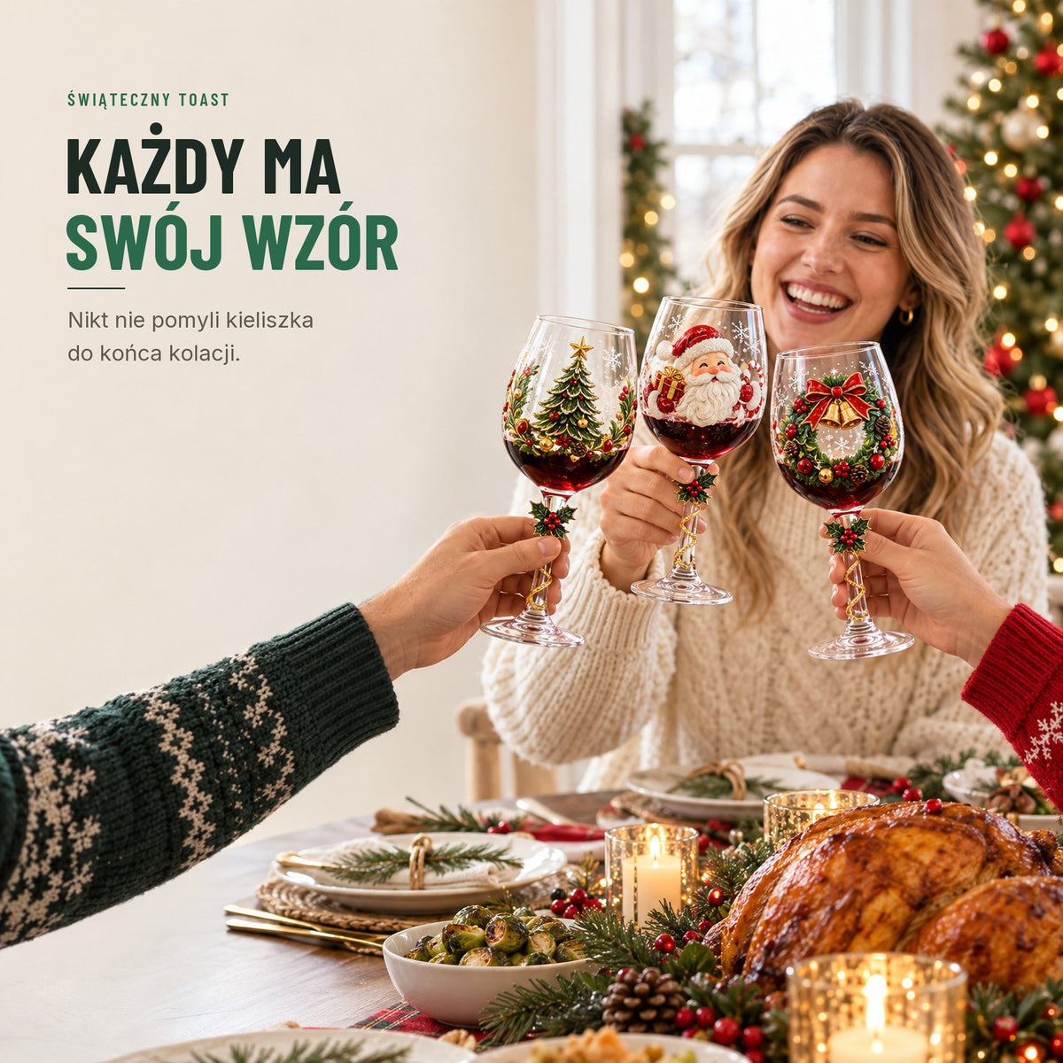 Świąteczne kieliszki do wina — komplet 6 szt. z kolorowymi motywami