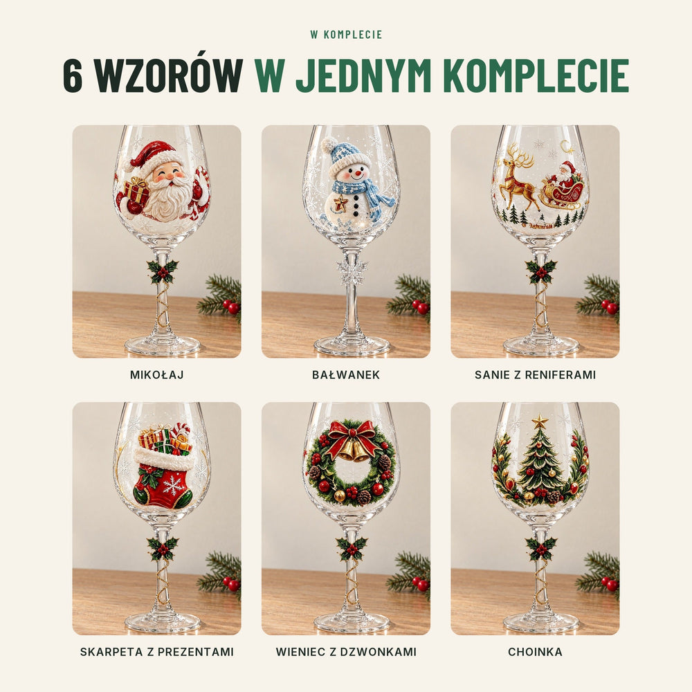 Świąteczne kieliszki do wina — komplet 6 szt. z kolorowymi motywami