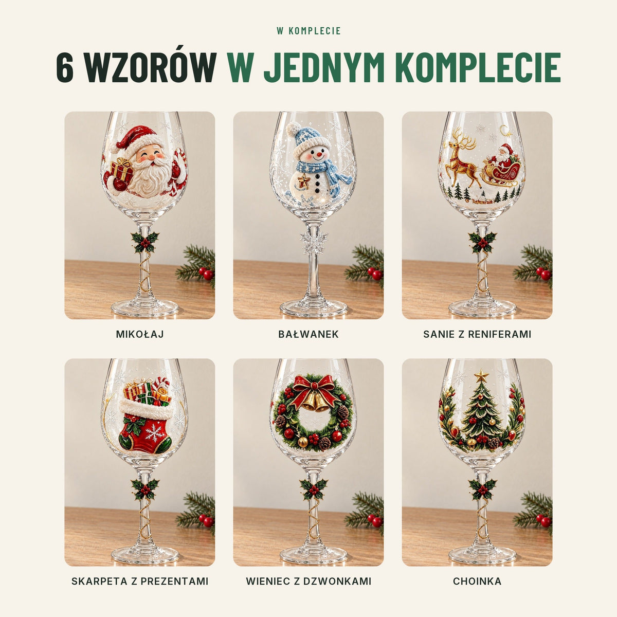 Świąteczne kieliszki do wina — komplet 6 szt. z kolorowymi motywami