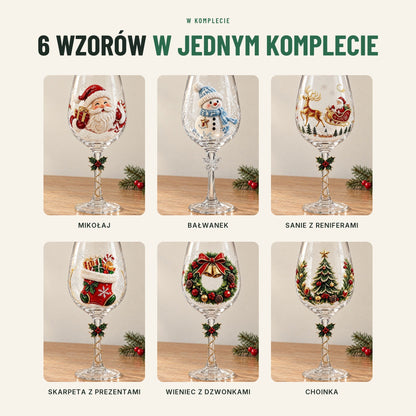 Świąteczne kieliszki do wina — komplet 6 szt. z kolorowymi motywami