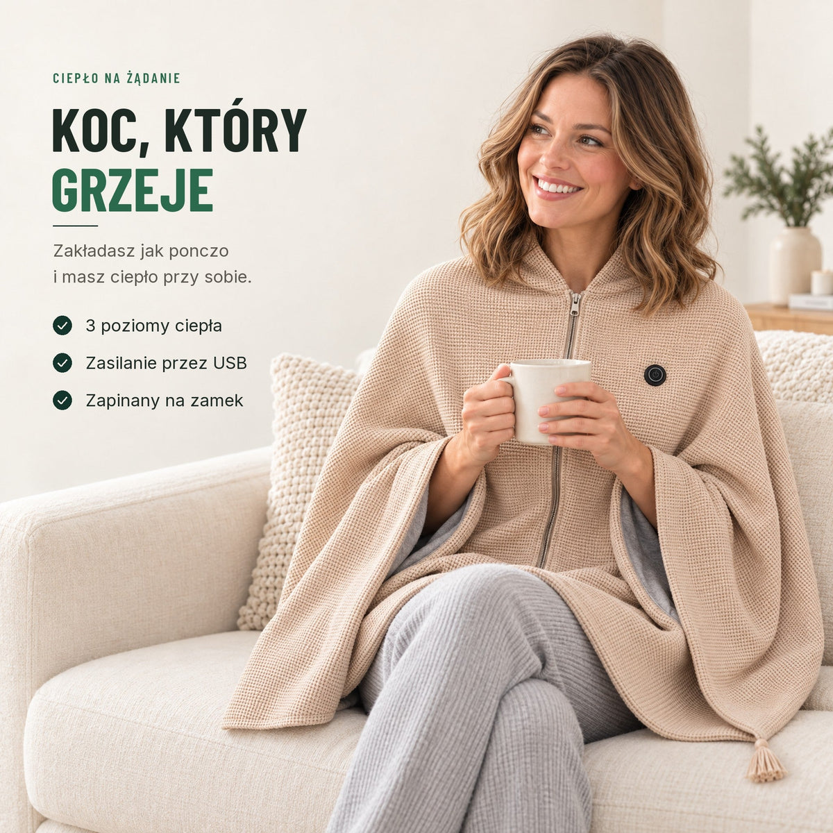 Koc z podgrzewaniem do noszenia — 3 poziomy ciepła