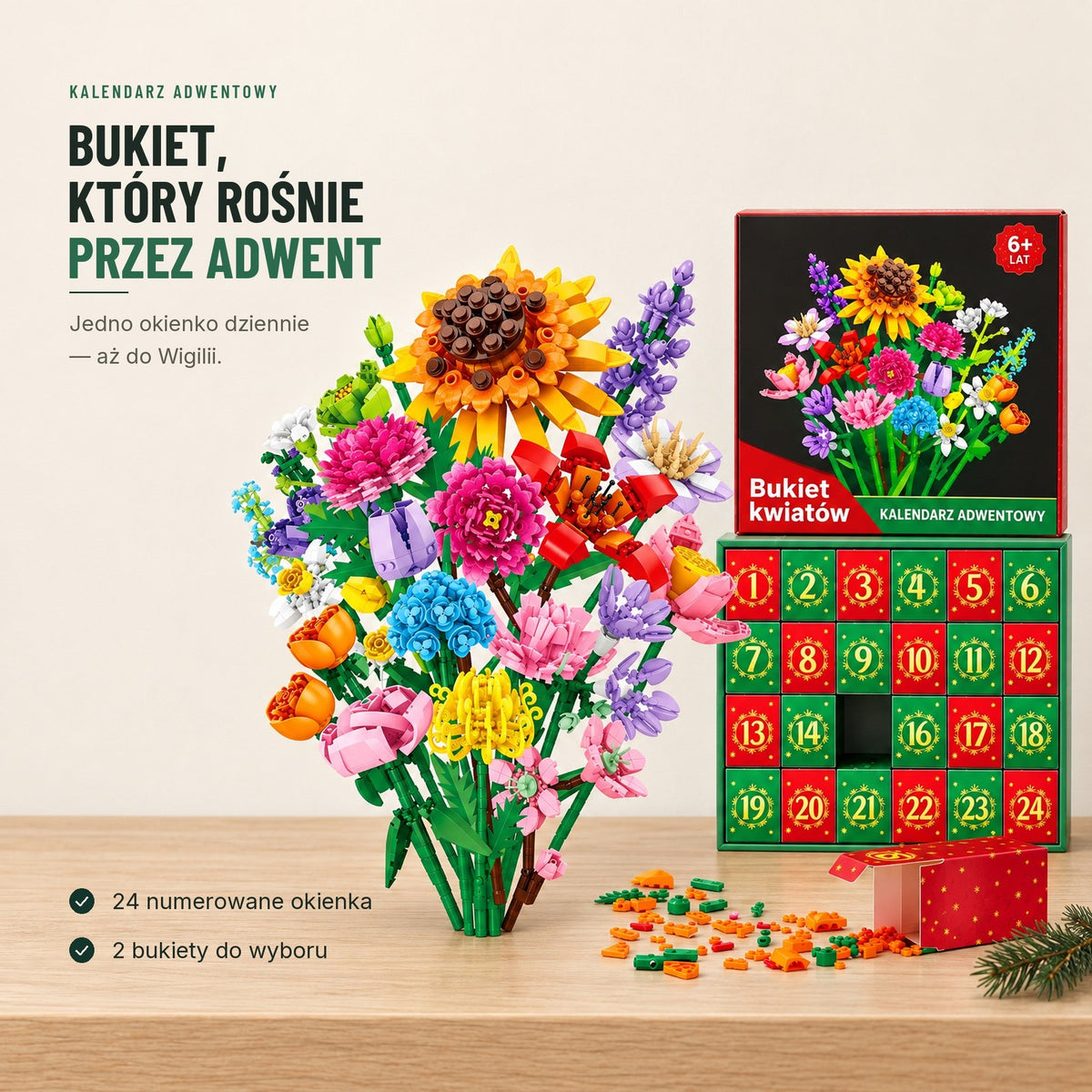 Kalendarz adwentowy — bukiet kwiatów z klocków