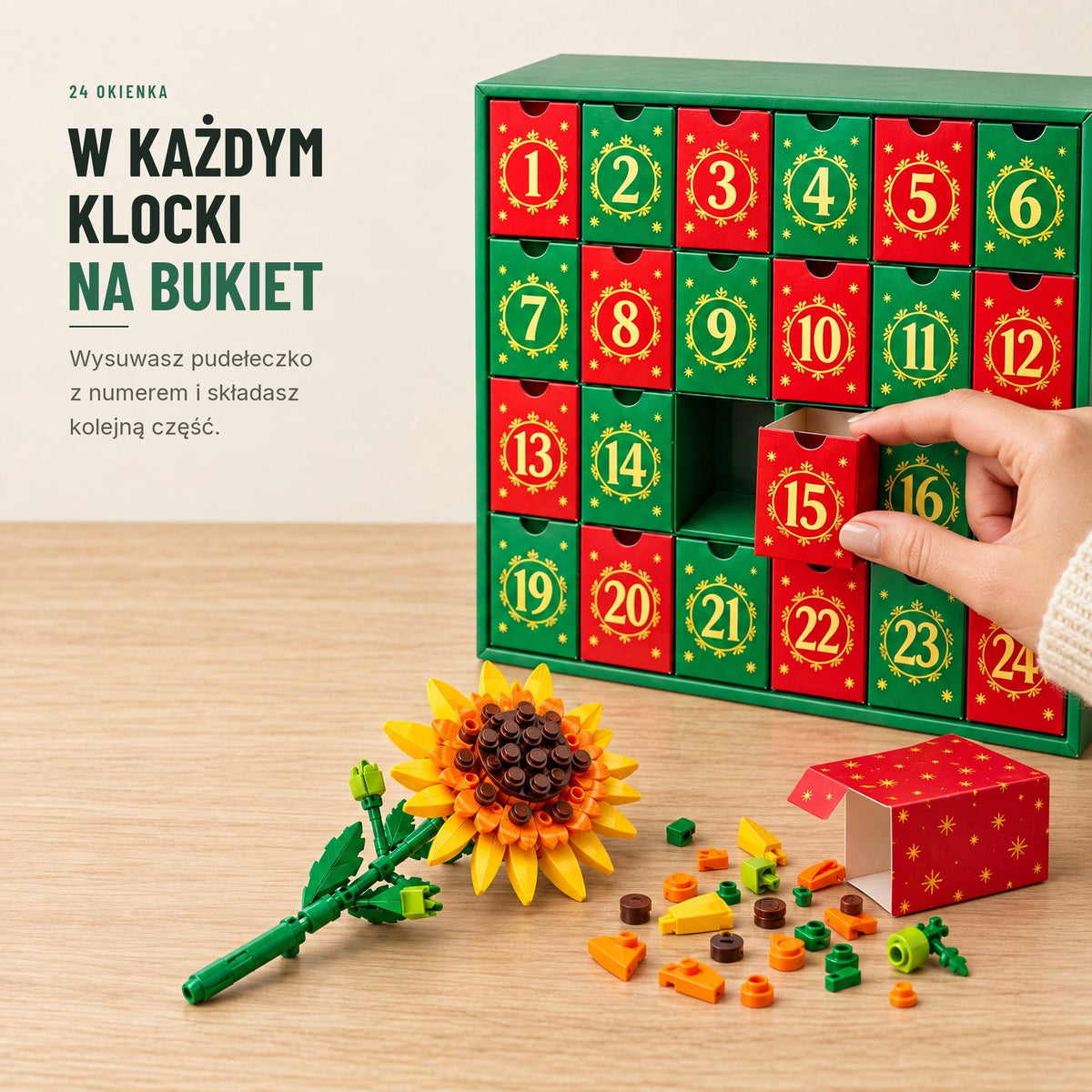Kalendarz adwentowy — bukiet kwiatów z klocków