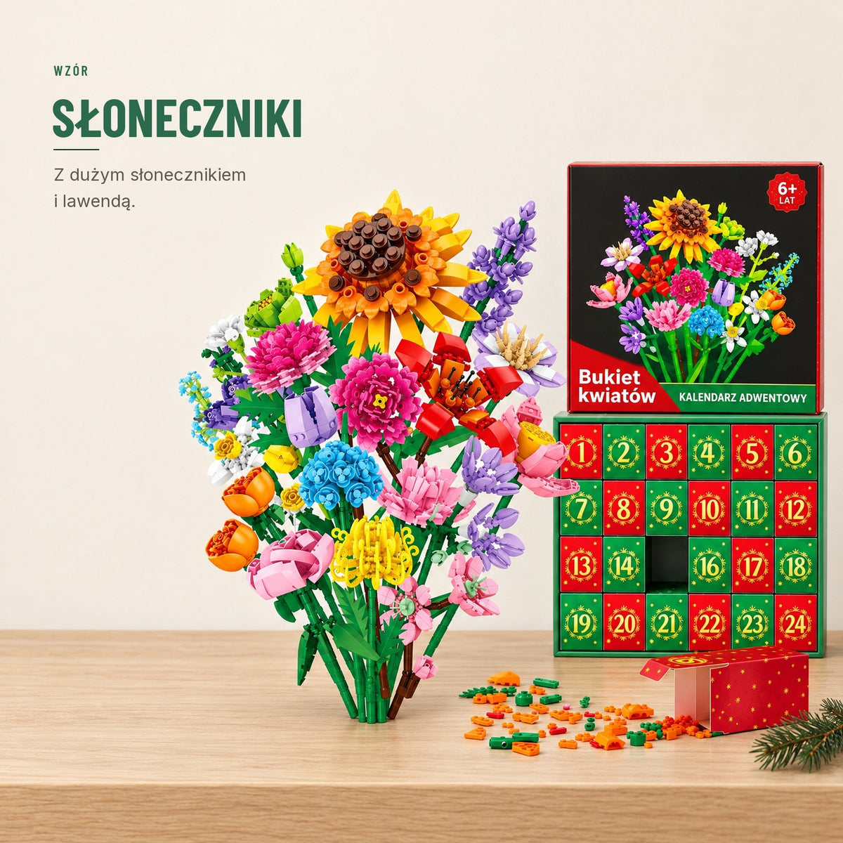 Kalendarz adwentowy — bukiet kwiatów z klocków