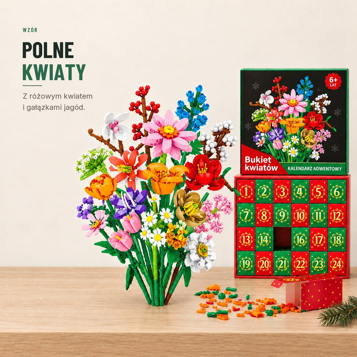 Kalendarz adwentowy — bukiet kwiatów z klocków