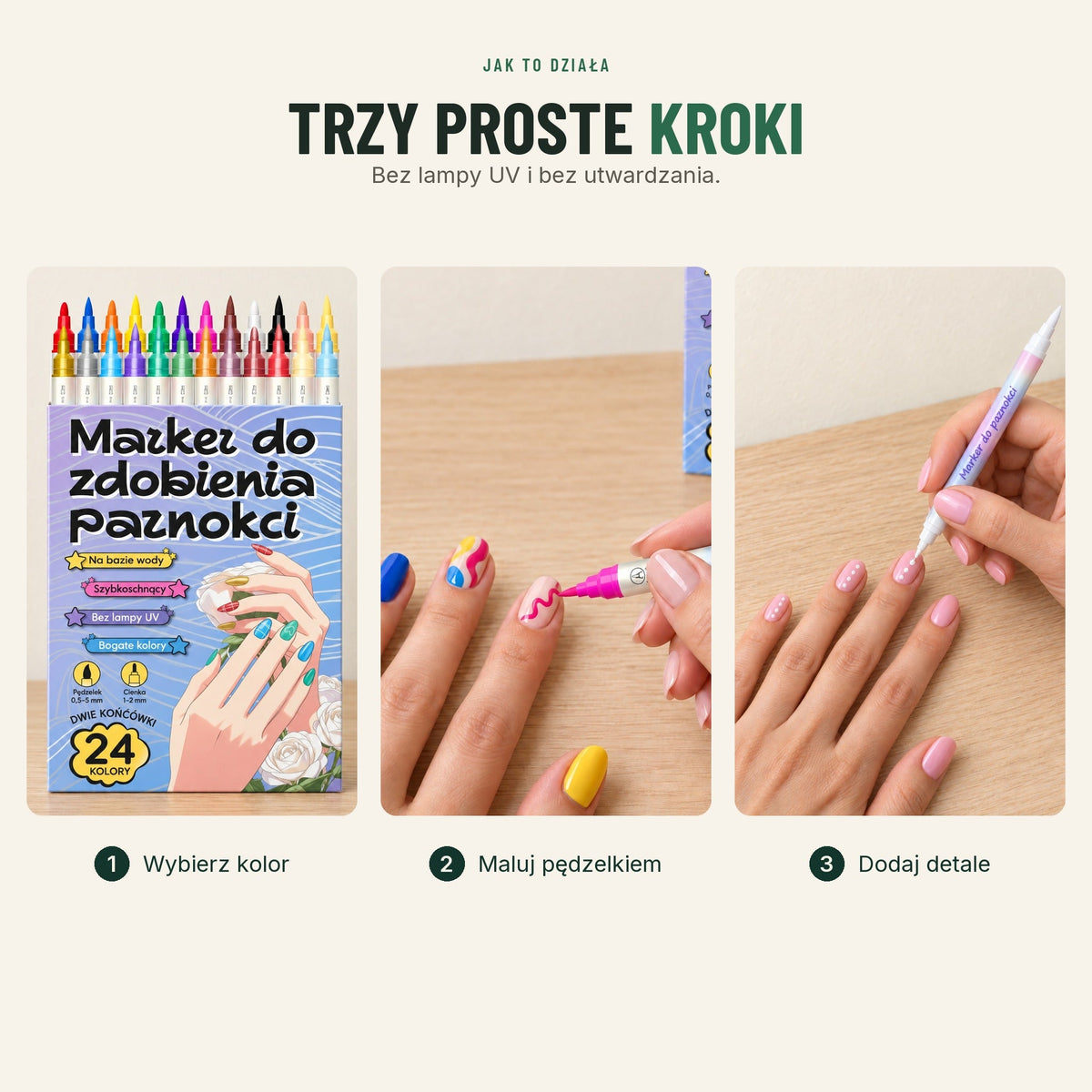 Markery do zdobienia paznokci — dwustronne, 12 lub 24 kolory