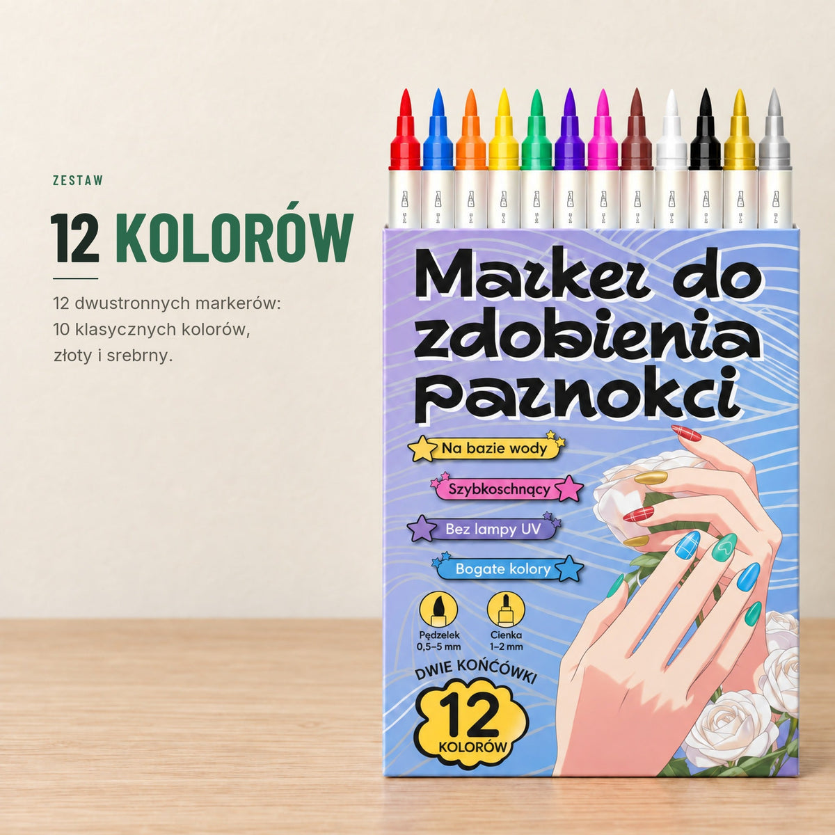 Markery do zdobienia paznokci — dwustronne, 12 lub 24 kolory