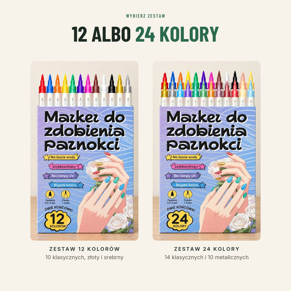 Markery do zdobienia paznokci — dwustronne, 12 lub 24 kolory