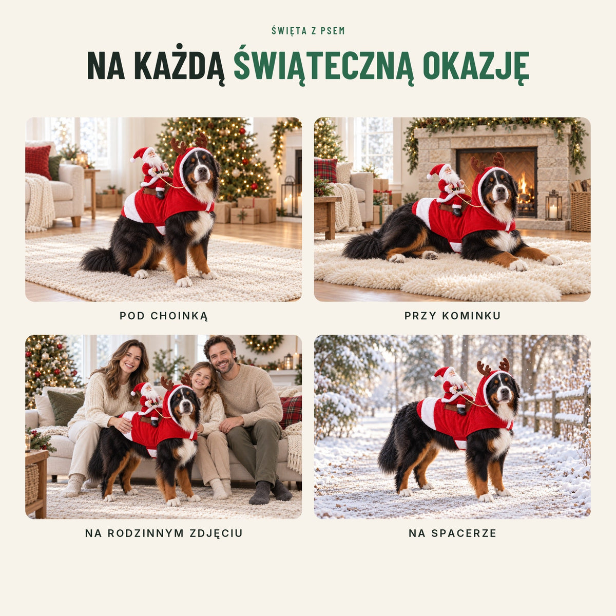 Świąteczne przebranie dla psa — Mikołaj na grzbiecie